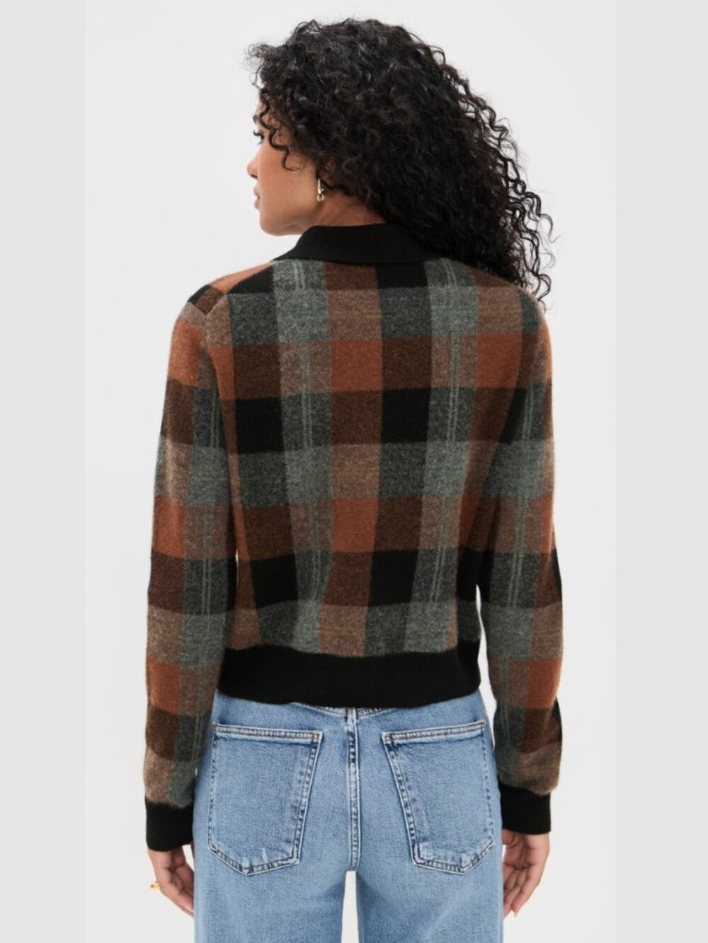 Vince Checked Plaid Cashmere Polo Cardigan Cacao Brown Black Button Front - Picture 2 of 6